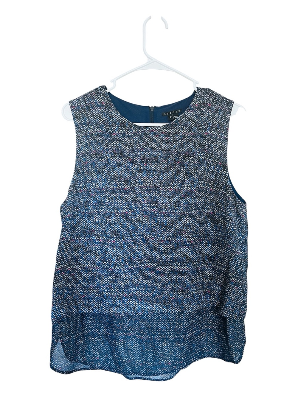Theory 100% Silk Tweed Print Navy Sleeveless Blouse Office Casual Sheer SZ L - Picture 3 of 9